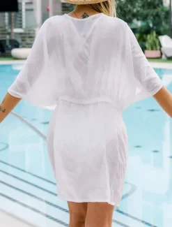 Online Women's Swimwear Cover Up Swim Dress Swimsuit Tie Front Vacation Beach Wear Solid Color V Neck Long Sleeve Bathing Suits Women Cover Up