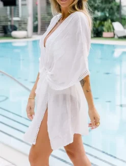 Online Women's Swimwear Cover Up Swim Dress Swimsuit Tie Front Vacation Beach Wear Solid Color V Neck Long Sleeve Bathing Suits Women Cover Up