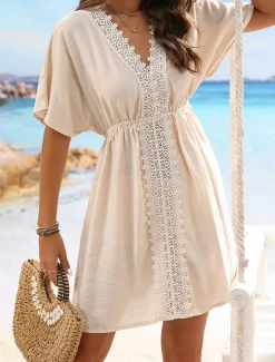 Women's Swimwear Cover Up Beach Dresses Swimsuit Lace Vacation Beach Wear Solid Color V Neck Short Sleeves Women Cover Up