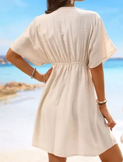 Women's Swimwear Cover Up Beach Dresses Swimsuit Lace Vacation Beach Wear Solid Color V Neck Short Sleeves Women Cover Up
