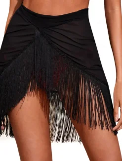 New Women's Swimwear Cover Up Beach Bottom Swimsuit Fringe Hem Tassel Stylish Beach Wear Plain Pure Color Sleeveless Bathing Suits Women Cover Up