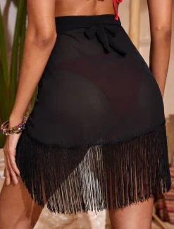 New Women's Swimwear Cover Up Beach Bottom Swimsuit Fringe Hem Tassel Stylish Beach Wear Plain Pure Color Sleeveless Bathing Suits Women Cover Up
