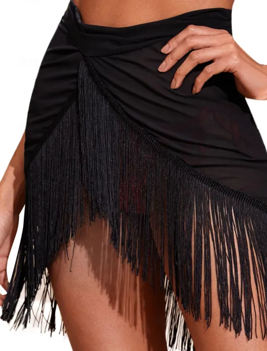 New Women's Swimwear Cover Up Beach Bottom Swimsuit Fringe Hem Tassel Stylish Beach Wear Plain Pure Color Sleeveless Bathing Suits Women Cover Up
