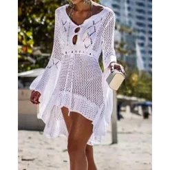Hot Women's Swimwear Cover Up Beach Dresses Swimsuit High Waist Slim Vacation Beach Wear Solid Color V Neck Long Sleeve Women Cover Up