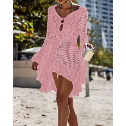 Hot Women's Swimwear Cover Up Beach Dresses Swimsuit High Waist Slim Vacation Beach Wear Solid Color V Neck Long Sleeve Women Cover Up