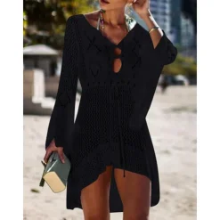 Hot Women's Swimwear Cover Up Beach Dresses Swimsuit High Waist Slim Vacation Beach Wear Solid Color V Neck Long Sleeve Women Cover Up