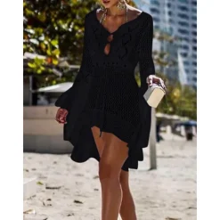 Hot Women's Swimwear Cover Up Beach Dresses Swimsuit High Waist Slim Vacation Beach Wear Solid Color V Neck Long Sleeve Women Cover Up