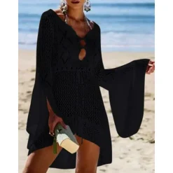 Hot Women's Swimwear Cover Up Beach Dresses Swimsuit High Waist Slim Vacation Beach Wear Solid Color V Neck Long Sleeve Women Cover Up
