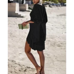 Hot Women's Swimwear Cover Up Beach Dresses Swimsuit High Waist Slim Vacation Beach Wear Solid Color V Neck Long Sleeve Women Cover Up
