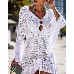 Hot Women's Swimwear Cover Up Beach Dresses Swimsuit High Waist Slim Vacation Beach Wear Solid Color V Neck Long Sleeve Women Cover Up