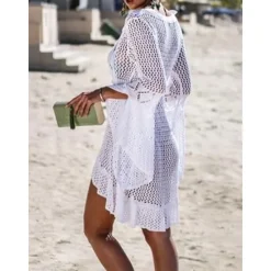 Hot Women's Swimwear Cover Up Beach Dresses Swimsuit High Waist Slim Vacation Beach Wear Solid Color V Neck Long Sleeve Women Cover Up