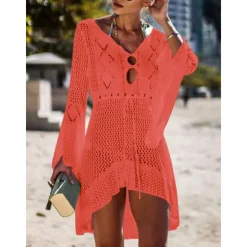 Hot Women's Swimwear Cover Up Beach Dresses Swimsuit High Waist Slim Vacation Beach Wear Solid Color V Neck Long Sleeve Women Cover Up