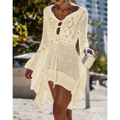 Hot Women's Swimwear Cover Up Beach Dresses Swimsuit High Waist Slim Vacation Beach Wear Solid Color V Neck Long Sleeve Women Cover Up