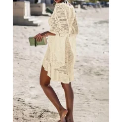 Hot Women's Swimwear Cover Up Beach Dresses Swimsuit High Waist Slim Vacation Beach Wear Solid Color V Neck Long Sleeve Women Cover Up