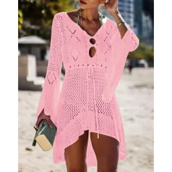 Hot Women's Swimwear Cover Up Beach Dresses Swimsuit High Waist Slim Vacation Beach Wear Solid Color V Neck Long Sleeve Women Cover Up