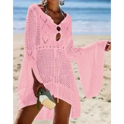 Hot Women's Swimwear Cover Up Beach Dresses Swimsuit High Waist Slim Vacation Beach Wear Solid Color V Neck Long Sleeve Women Cover Up