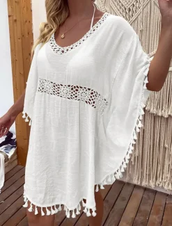 Women's Swimwear Cover Up Swim Dress Swimsuit Fringe Vacation Beach Wear Solid Color V Neck Short Sleeves Bathing Suits Women Cover Up