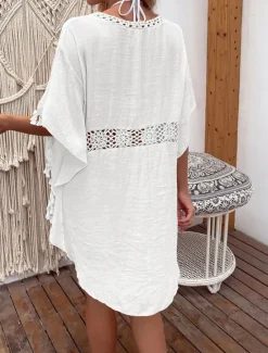 Women's Swimwear Cover Up Swim Dress Swimsuit Fringe Vacation Beach Wear Solid Color V Neck Short Sleeves Bathing Suits Women Cover Up