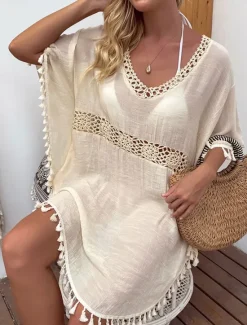 Women's Swimwear Cover Up Swim Dress Swimsuit Fringe Vacation Beach Wear Solid Color V Neck Short Sleeves Bathing Suits Women Cover Up
