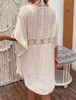 Women's Swimwear Cover Up Swim Dress Swimsuit Fringe Vacation Beach Wear Solid Color V Neck Short Sleeves Bathing Suits Women Cover Up