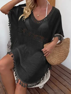 Women's Swimwear Cover Up Swim Dress Swimsuit Fringe Vacation Beach Wear Solid Color V Neck Short Sleeves Bathing Suits Women Cover Up