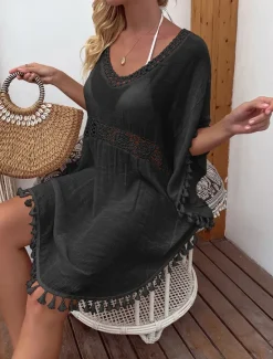 Women's Swimwear Cover Up Swim Dress Swimsuit Fringe Vacation Beach Wear Solid Color V Neck Short Sleeves Bathing Suits Women Cover Up