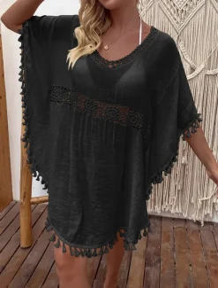 Women's Swimwear Cover Up Swim Dress Swimsuit Fringe Vacation Beach Wear Solid Color V Neck Short Sleeves Bathing Suits Women Cover Up