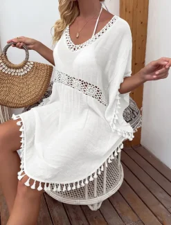 Women's Swimwear Cover Up Swim Dress Swimsuit Fringe Vacation Beach Wear Solid Color V Neck Short Sleeves Bathing Suits Women Cover Up