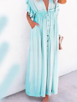 Best Women's Swimwear Cover Up Swim Dress Swimsuit Tie Front Vacation Beach Wear Solid Color V Neck Short Sleeves Bathing Suits Women Cover Up