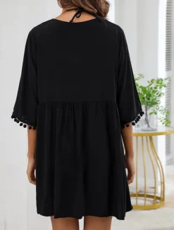 Best Women's Swimwear Cover Up Swim Dress Swimsuit Fringe Vacation Beach Wear Solid Color V Neck Long Sleeve Bathing Suits Women Cover Up