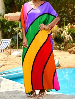 Hot Women's Swimwear Cover Up Swim Dress Swimsuit Patchwork Vacation Beach Wear Color Block Round Neck Long Sleeve Bathing Suits Women Colorful Swimwear|Cover Up