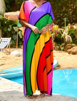 Hot Women's Swimwear Cover Up Swim Dress Swimsuit Patchwork Vacation Beach Wear Color Block Round Neck Long Sleeve Bathing Suits Women Colorful Swimwear|Cover Up