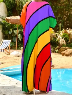 Hot Women's Swimwear Cover Up Swim Dress Swimsuit Patchwork Vacation Beach Wear Color Block Round Neck Long Sleeve Bathing Suits Women Colorful Swimwear|Cover Up