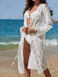 Discount Women's Swimwear Cover Up Beach Dresses Swimsuit Elegant Fashion Polka Dot Long Sleeve Women Cover Up