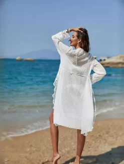 Discount Women's Swimwear Cover Up Beach Dresses Swimsuit Elegant Fashion Polka Dot Long Sleeve Women Cover Up