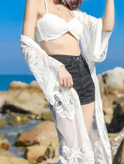 Outlet Women's Swimwear Cover Up Beach Dresses Swimsuit Lace Vacation Beach Wear Solid Color V Neck Long Sleeve Women Cover Up