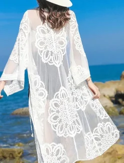 Outlet Women's Swimwear Cover Up Beach Dresses Swimsuit Lace Vacation Beach Wear Solid Color V Neck Long Sleeve Women Cover Up