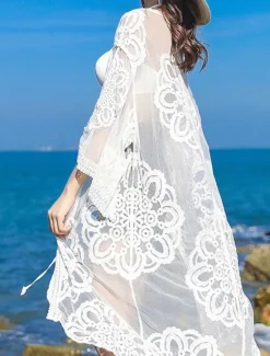 Outlet Women's Swimwear Cover Up Beach Dresses Swimsuit Lace Vacation Beach Wear Solid Color V Neck Long Sleeve Women Cover Up