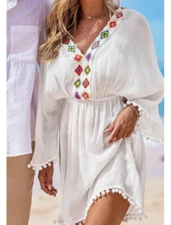 New Women's Swimwear Cover Up Beach Dresses Swimsuit Patchwork Buttons Fringe Vacation Beach Wear Solid Color V Neck Long Sleeve Women Cover Up