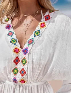New Women's Swimwear Cover Up Beach Dresses Swimsuit Patchwork Buttons Fringe Vacation Beach Wear Solid Color V Neck Long Sleeve Women Cover Up