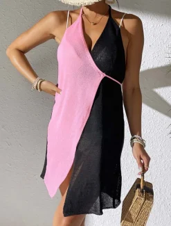 Women's Swimwear Cover Up Swimsuit Elegant Fashion Color Block Sleeveless Bathing Suits Women Cover Up