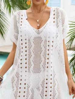Discount Women's Swimwear Cover Up Beach Dresses Swimsuit Cut Out Vacation Beach Wear Solid Color V Neck Short Sleeves Women Cover Up