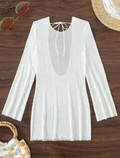 Women's Swimwear Cover Up Swim Dress Swimsuit See Through UV Protection Vacation Beach Wear Solid Color Round Neck Long Sleeve Bathing Suits Women Cover Up