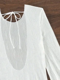 Women's Swimwear Cover Up Swim Dress Swimsuit See Through UV Protection Vacation Beach Wear Solid Color Round Neck Long Sleeve Bathing Suits Women Cover Up