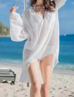Best Women's Swimwear Cover Up Beach Dresses Swimsuit Vacation Fashion Solid Color Long Sleeve Women Cover Up