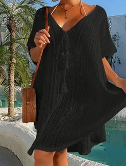Discount Women's Swimwear Cover Up Beach Dress Normal Swimsuit UV Protection Modest Swimwear Lace up Knit Pure Color Black Dusty Blue Beige V Wire Bathing Suits New Vacationy / Modern Women Cover Up
