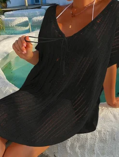 Discount Women's Swimwear Cover Up Beach Dress Normal Swimsuit UV Protection Modest Swimwear Lace up Knit Pure Color Black Dusty Blue Beige V Wire Bathing Suits New Vacationy / Modern Women Cover Up
