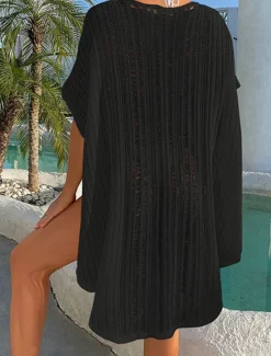 Discount Women's Swimwear Cover Up Beach Dress Normal Swimsuit UV Protection Modest Swimwear Lace up Knit Pure Color Black Dusty Blue Beige V Wire Bathing Suits New Vacationy / Modern Women Cover Up