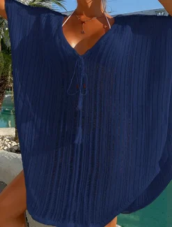 Discount Women's Swimwear Cover Up Beach Dress Normal Swimsuit UV Protection Modest Swimwear Lace up Knit Pure Color Black Dusty Blue Beige V Wire Bathing Suits New Vacationy / Modern Women Cover Up