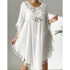 New Women's Swimwear Cover Up Beach Dresses Swimsuit Vacation Beach Wear Solid Color Round Neck Short Sleeves Women Cover Up